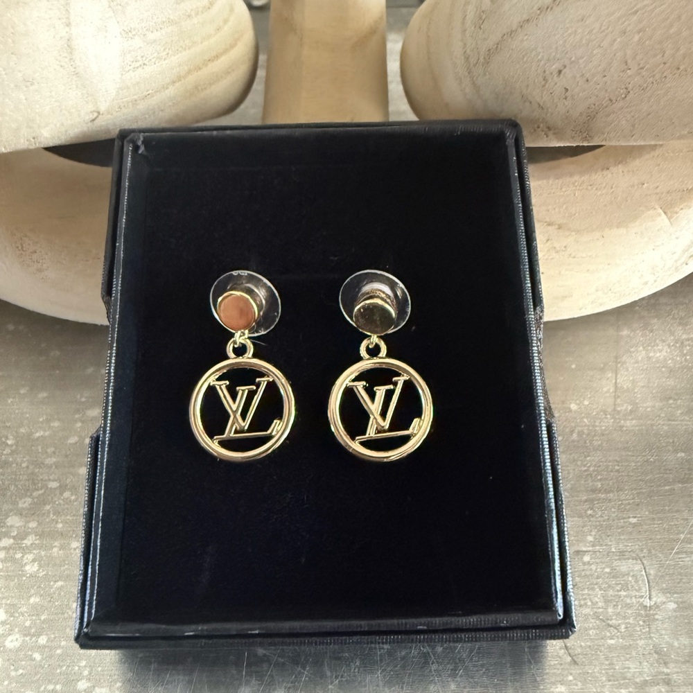 Luxury LV Monogram Button Pull Earrings – Gold-Tone Upcycled Jewelry